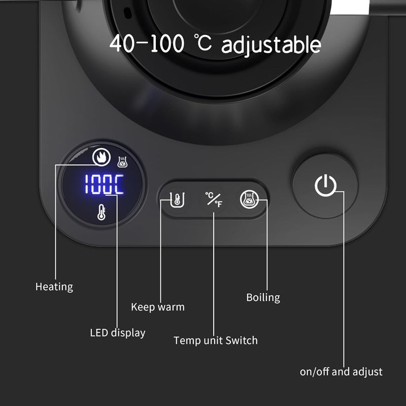 RHD Electric Gooseneck Kettle with LCD Display, Real-Time Temp Control Hot Water Boiler to Pour Over Coffee, Brew Tea, Switchable ℉/℃, 1200 Watt Quick Heating Pot, 0.9L, 304 Stainless Steel,Matt Black - Image 3